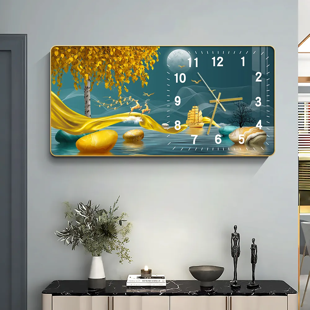 Modern Restaurant Decoration Deer Animal Painting Crystal Porcelain Painting Wall Clock Art Frame Painting Mural