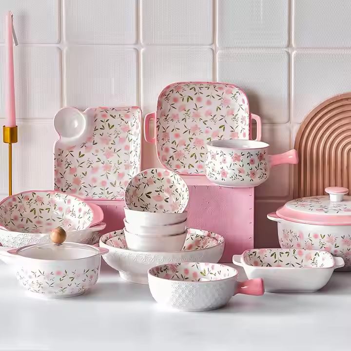 Wholesale Pink Floral Japanese Style Ceramic Dinnerware Set Fine Porcelain Dinnerware Set Kitchen Dinnerware for Home
