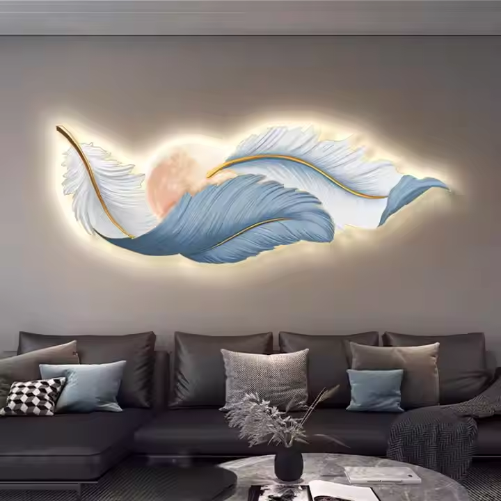 Acrylic Feather Clock Painting Wall Art LED Home Improvement Lights