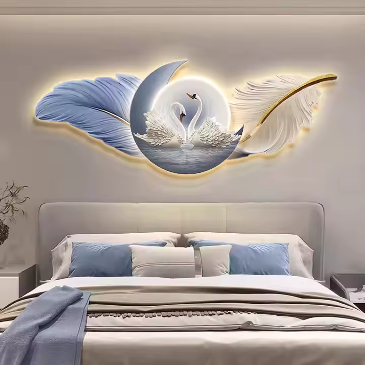 Factory Direct Decorative Landscape Art UV Printing Acrylic Feather Clock Painting Wall Art LED Home Improvement Lights